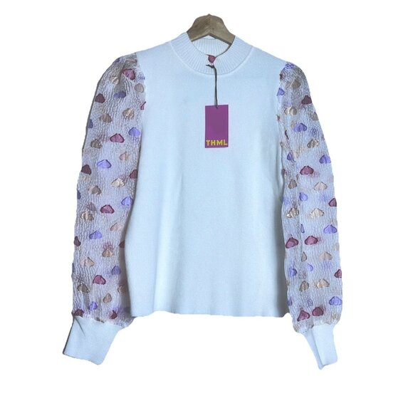 THML Heart Mesh Sleeve Top Size Medium NWT Casual Stretch Puff Sleeves - Picture 1 of 5